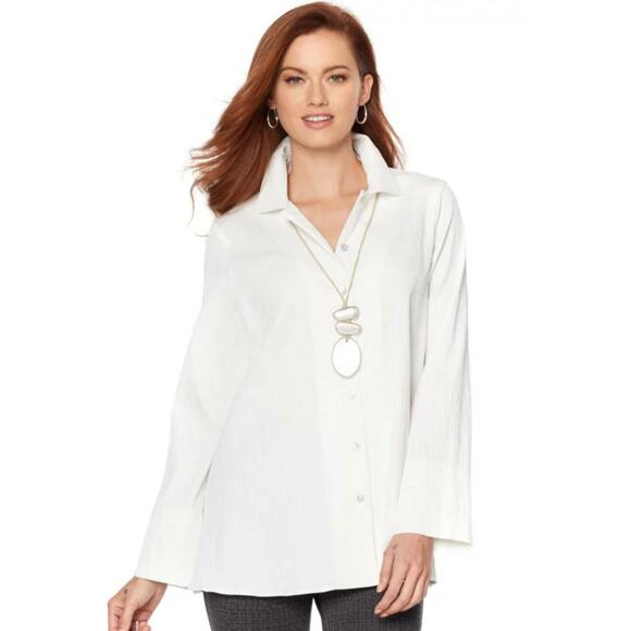 Marla Wynne New White Crinkle Button Front Blouse Tunic Cotton Stretch USA Sz M - Picture 8 of 10